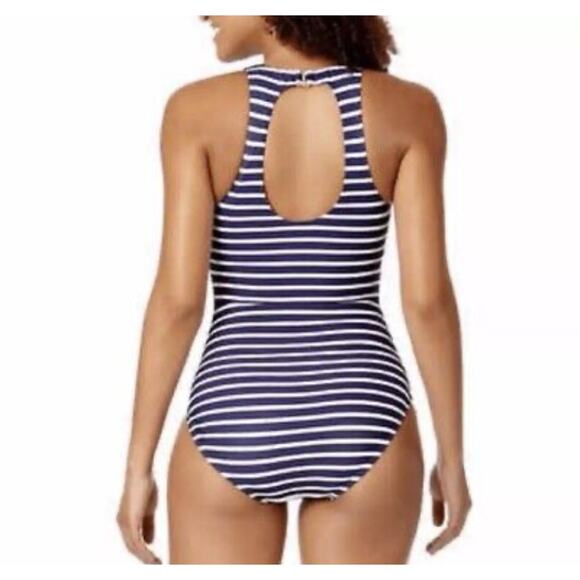 Lands End Pull On Hook Loop  Full Coverage Blue White Striped One Piece Swimsuit - Picture 2 of 5